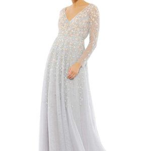 MAC DUGGAL 9131 FLORAL APPLIQUE LONG SLEEVE SURPLICE PLATINUM GOWN SZ 14